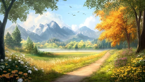 Sunlit country path leading toward misty alpine peaks.