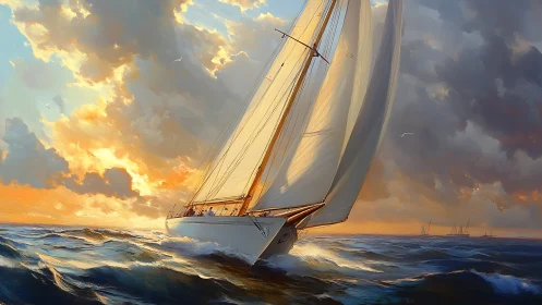 Sailing vessel on open sea under dramatic sunset sky.