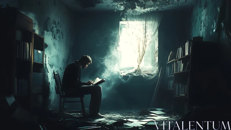Solitary reader studies in dust filled, ruined library room.