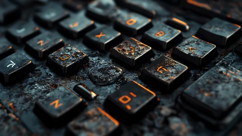 Close-up of corroded keyboard keys with orange glow.