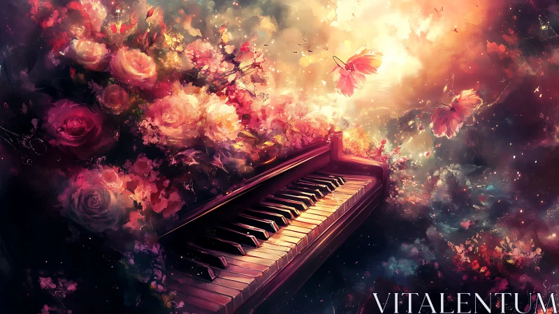 Piano keys amid roses and glowing butterflies in bloom.