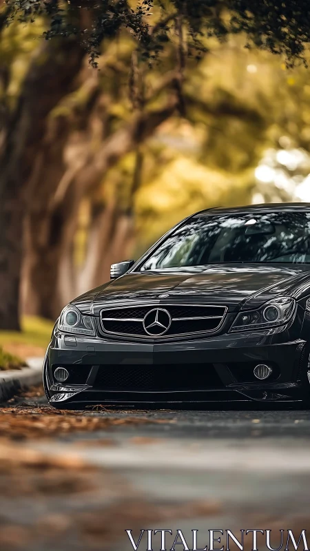 Glossy black Mercedes front profile under shallow depth of field