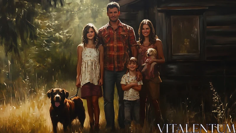 Rustic family portrait outside cabin in golden light.