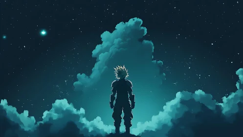 Anime night silhouette against luminescent cloud horizon.