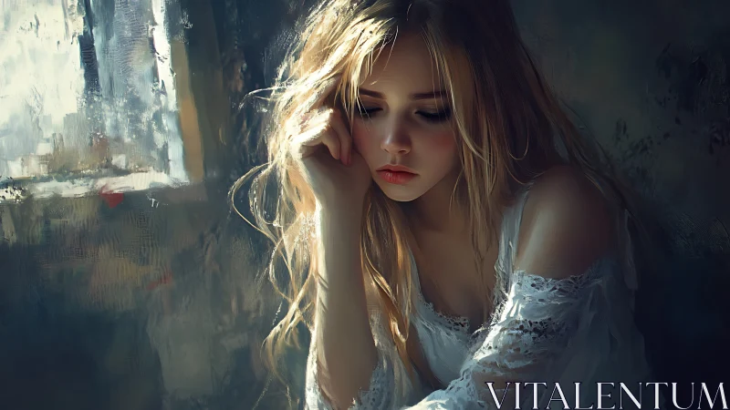 Melancholic blonde woman by window in soft moody light.