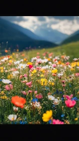 Alpine meadow blooms beneath snow-capped mountains.