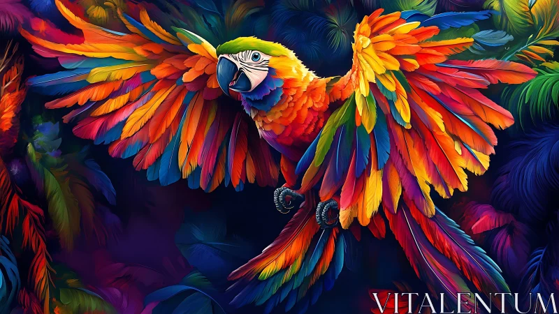 Vibrant Macaw in Flight, Digital Art with Bold Colorful Feathers.