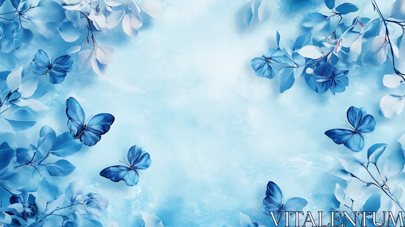 Blue butterflies drift among frosted leaves in soft light