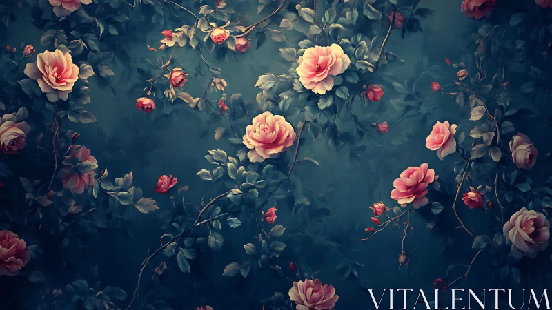 Floral arrangement with roses on dark teal background surface.