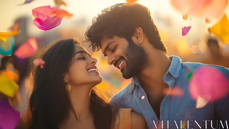 Romance Blooms: Golden Hour Confetti Kiss Moment.