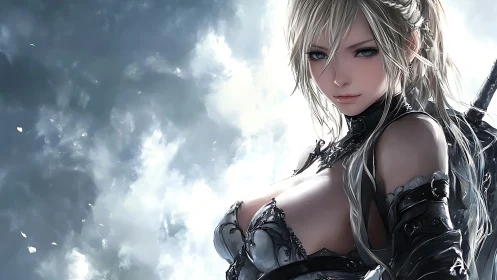 Armored warrior maiden stares ahead against stormy sky