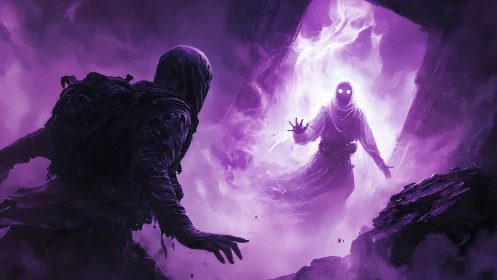 Hooded figure confronts glowing spectral entity in purple fog