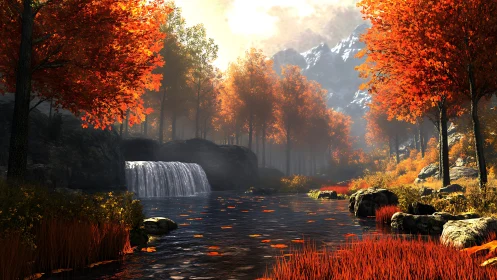 Digital render depicts autumn river, waterfall, and forest