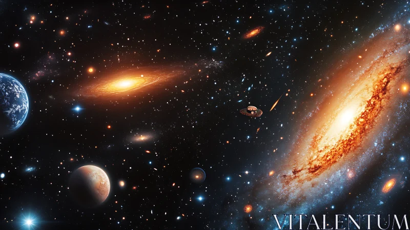 Widefield starfield with spiral galaxies, planets and saucer craft