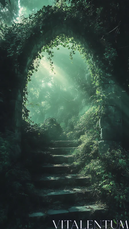 Stone stairway under ivy arch in misty green forest.