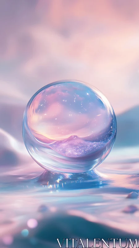 Glowing crystal sphere over pastel liquid dreamscape.