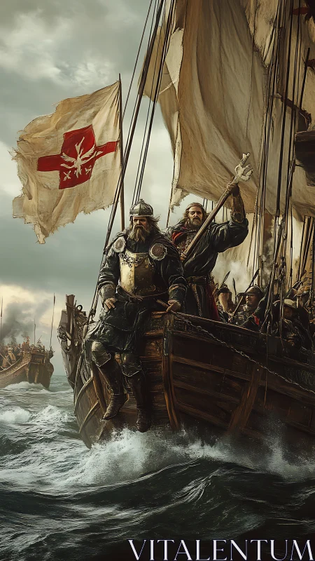 Medieval armored sailors stand on crowded wooden warship