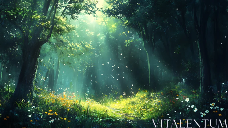 Enchanted Forest Glade with Luminous Rays.