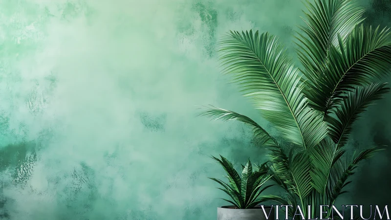 Lush indoor palms against textured mint green wall.