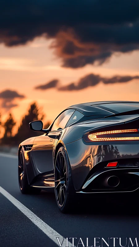 Sunset highway supercar with reflective metallic bodywork.
