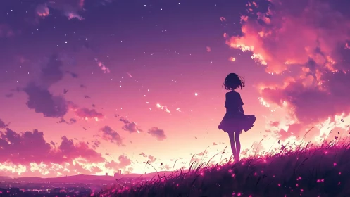 Girl stands in glowing twilight field under a dreamy sky
