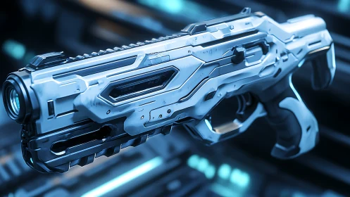 Futuristic sci fi rifle gleams under cold neon lab lights