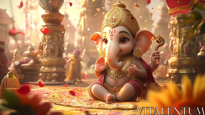 Gentle baby Ganesha resting in golden temple glow.