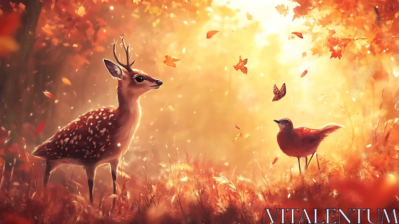 Young deer and songbird share luminous autumn forest glade