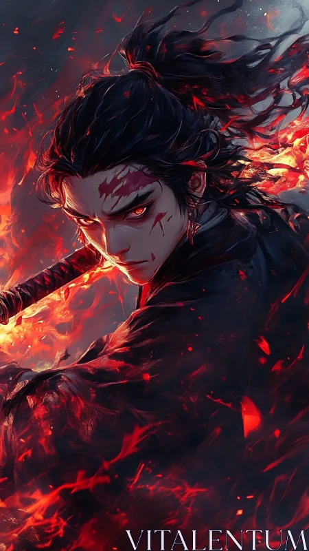 Fire-wreathed anime swordsman glares forward in dynamic motion