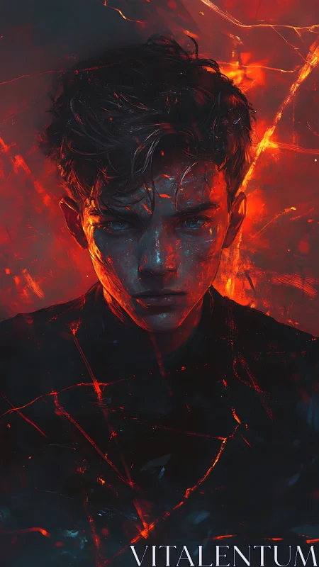 Brooding ember-lit portrait within fractured shadows.