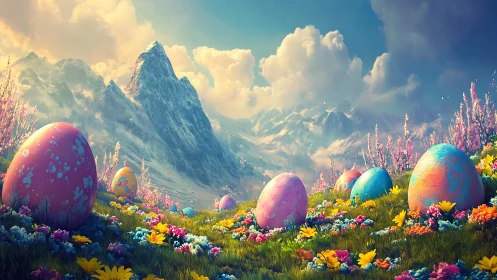 Chromatic egg monoliths in alpine bloom-saturated valley.