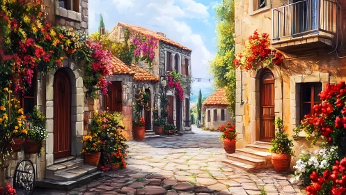 Stone courtyard street shows dense floral coverage and doors