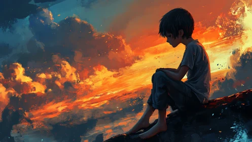 Solitary dreamer stitches thoughts into a burning sunset