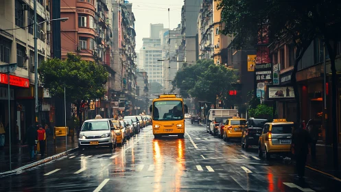 Rain-wet urban avenue with yellow bus, taxis and deep perspective