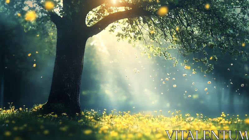 Backlit tree anchors a luminous meadow in soft atmospheric light