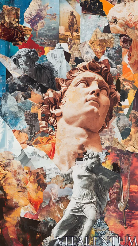 Classical marble statues in fragmented digital collage storm.