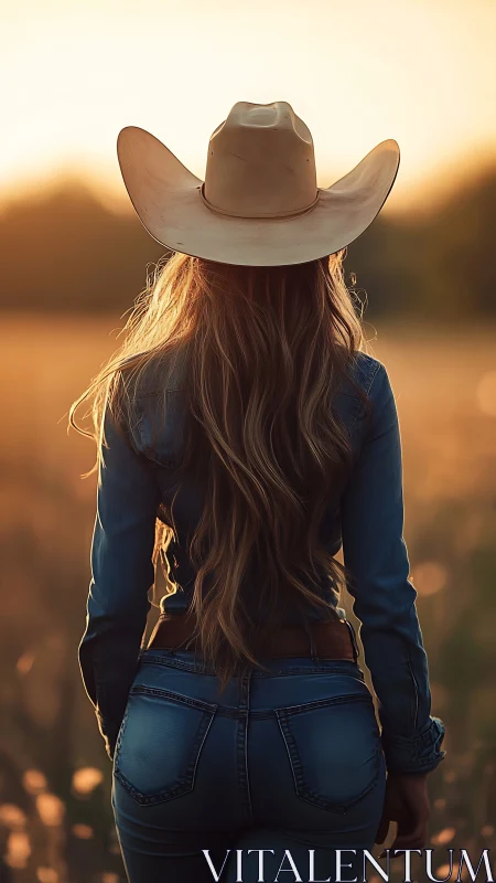 Cowgirl silhouette walks through golden sunset field.