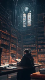 Quiet scholar reading beneath glowing stained glass light.