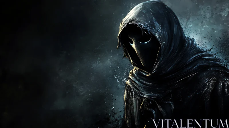 Hooded plague doctor stands in shadowed, ethereal gloom.