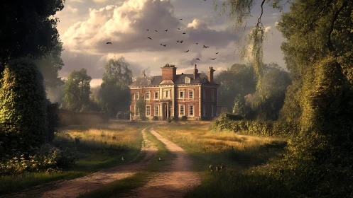 Digital painting of a stately manor in atmospheric light.