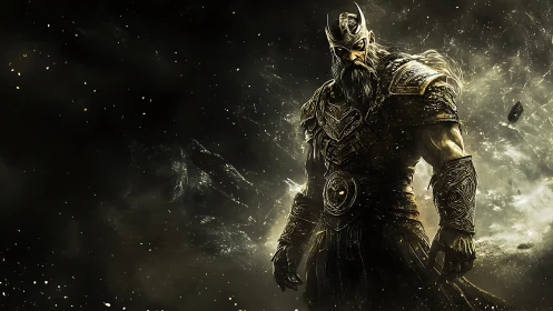 Starlit armored warlord standing in a swirling cosmic storm.