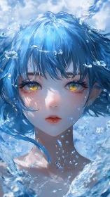 Aqua-haired anime portrait integrates refractive water caustics