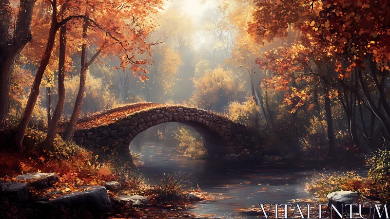 Stone bridge arching through luminous autumn woodland.