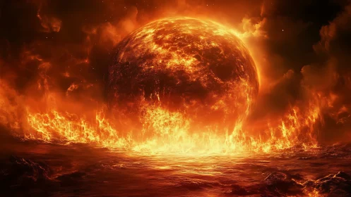 Cataclysmic Solar Emergence: Molten Sphere Erupting Through Incandescent Plasma Veil.