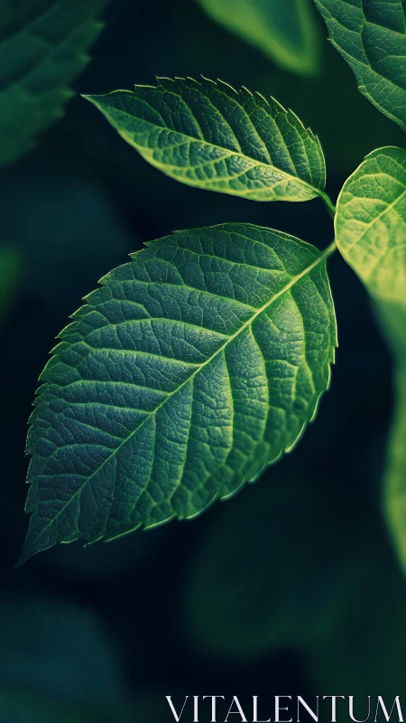 Macro study of serrated green leaf with dark bokeh ground.