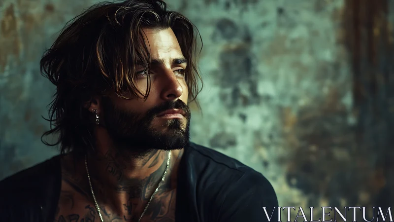 Bearded tattooed man gazes sideways against textured wall