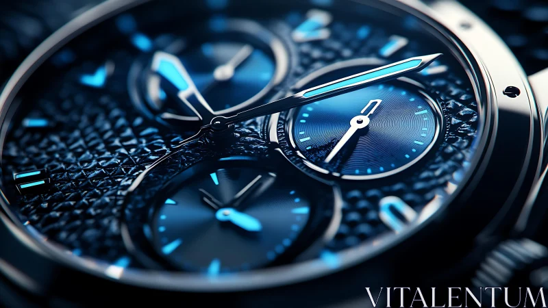 Macro view reveals high-contrast blue chronograph watch dial