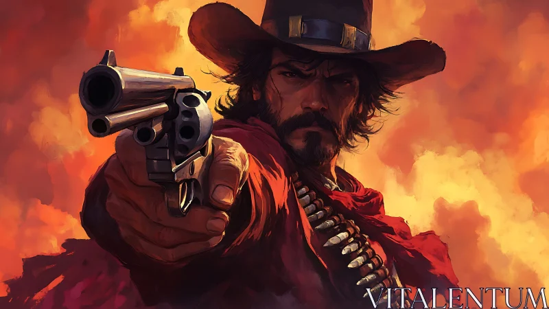 Gritty gunslinger portrait with revolver against blazing sky.