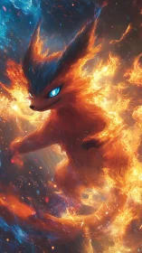 Fiery fox spirit leaping through a glowing cosmic blaze.