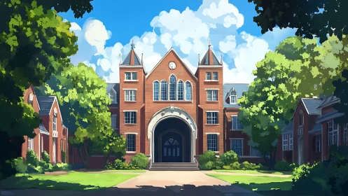 Red brick academic building framed by bright green trees.